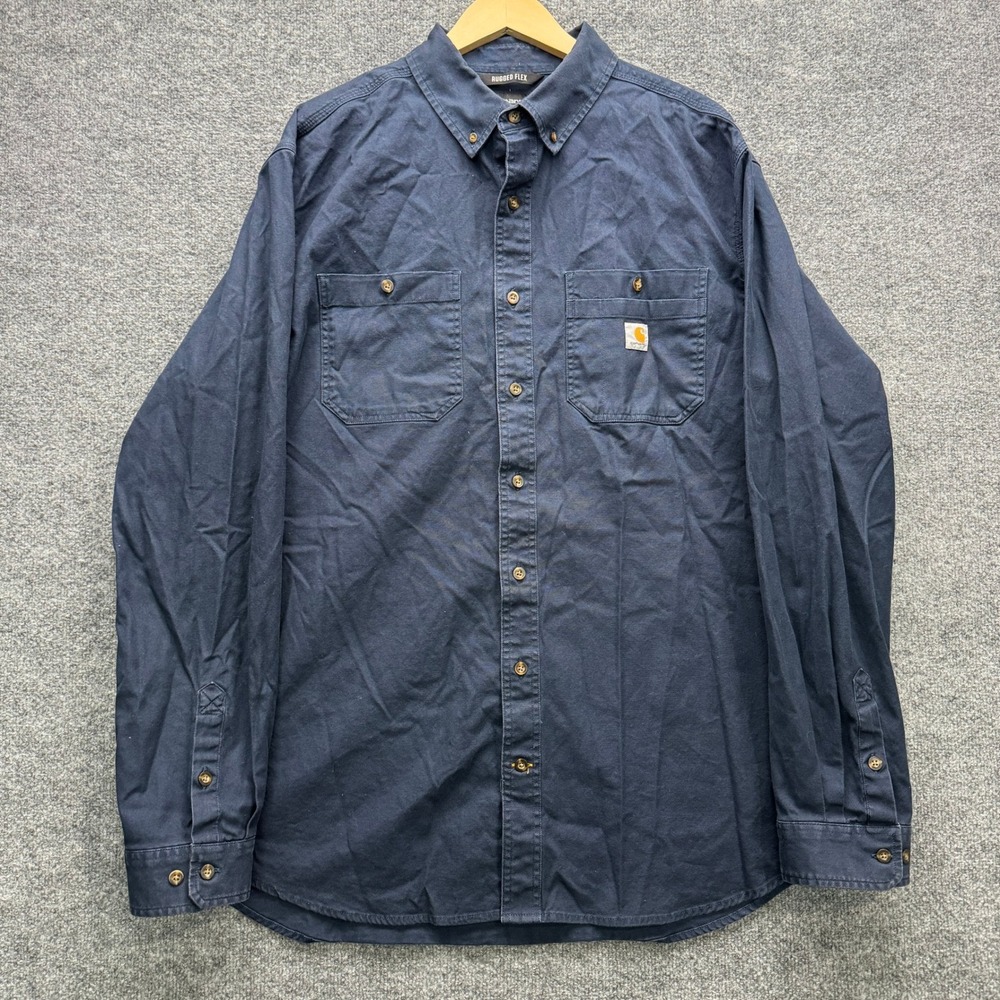 Carhartt Rugged Flex Button Front Shirt Mens 2XL Tall Navy Long Sleeve Workwear